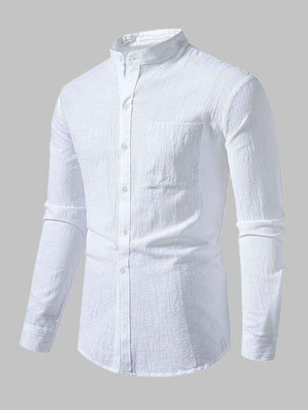 Men's cotton-linen stand collar casual long-sleeved shirt