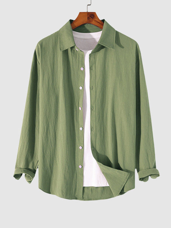 MEN'S COTTON AND LINEN TEXTURED LONG SLEEVES SHIRT GREEN