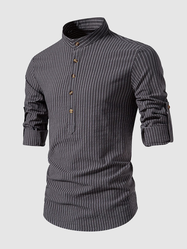 Men's cotton-linen stand collar half button striped casual long sleeve shirt