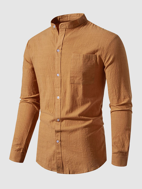 Men's cotton-linen stand collar casual long-sleeved shirt