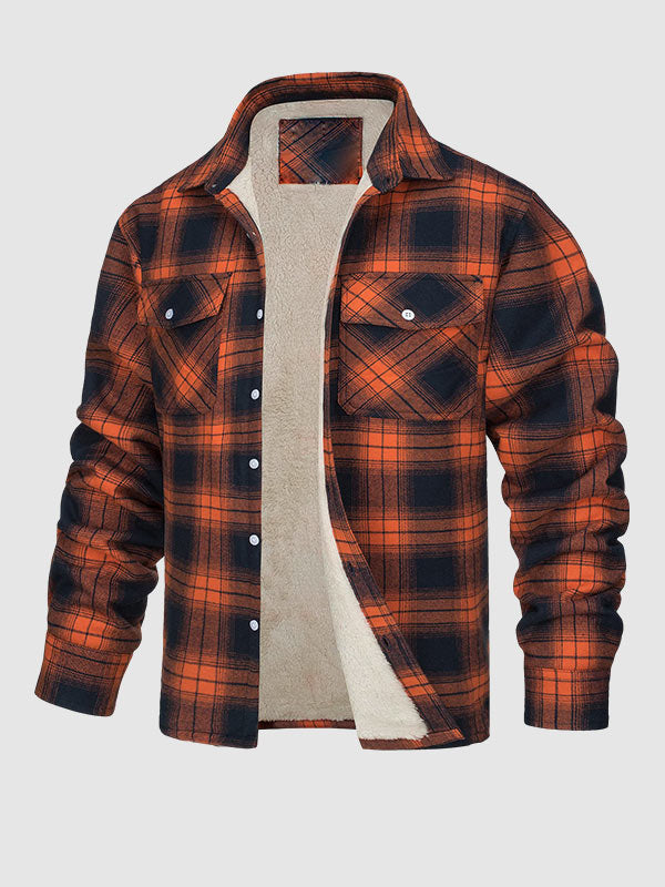 Men's Plaid Fleece-lined  Warm Double Pocket Button Jacket