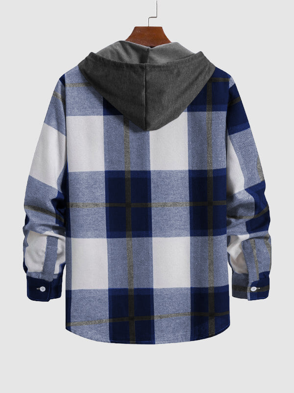 Men's Thin Plaid Button-Up Hooded Shirt