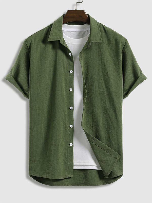 Men's Solid Color Faux Cotton Linen Casual Short Sleeve Shirt