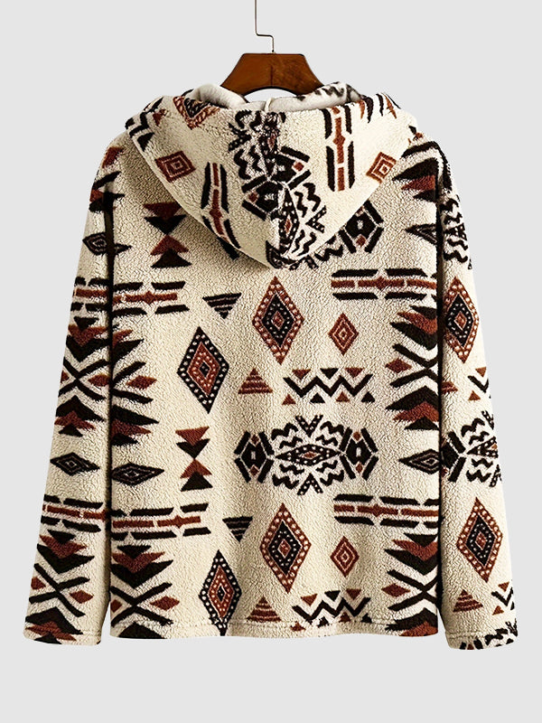 Men's Vintage Aztec Pattern Hooded Button Down Jacket