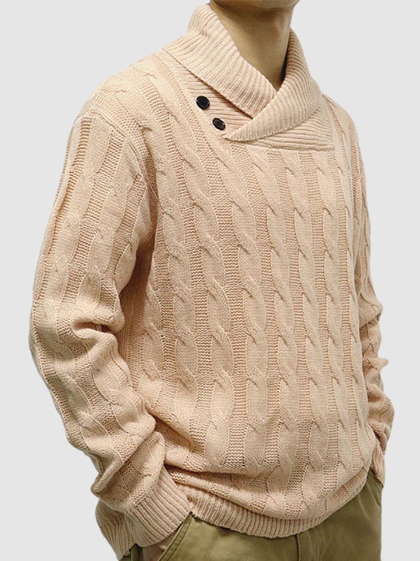 Men's Solid Color Cable-Knit Slim Fit Slant Collar Pullover Sweate