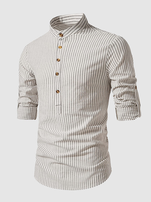 Men's cotton-linen stand collar half button striped casual long sleeve shirt