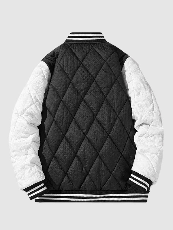 Men's Patchwork Diamond Check Jacquard Stand Collar Puffer Padded Coat