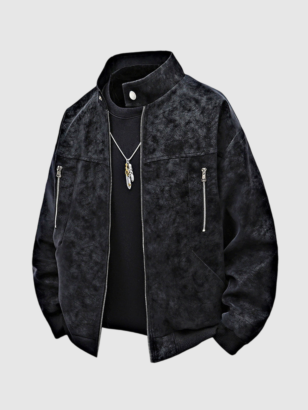 Men's tie-dye PU leather jacket with a stand-up collar and a vintage, loose-fitting casual jacket