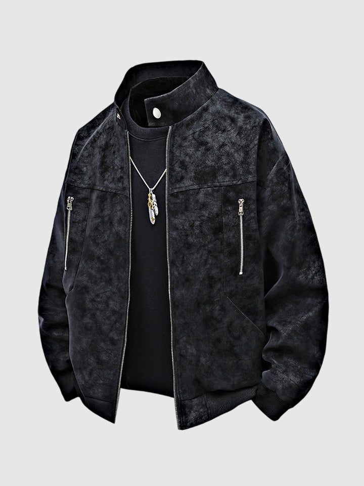 Men's tie-dye PU leather jacket with a stand-up collar and a vintage, loose-fitting casual jacket