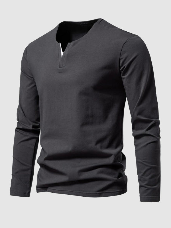 Men's Solid Color Henley V-Neck Long Sleeve Casual T-Shirt