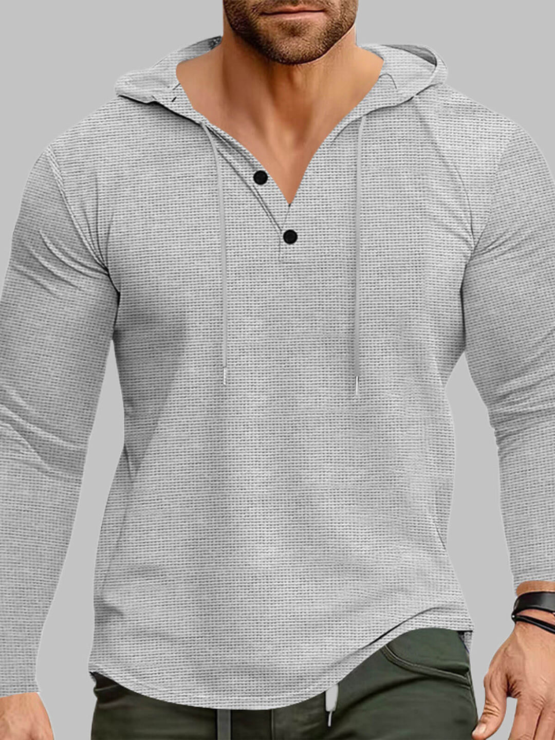 Men's waffle Henry hooded long-sleeved shirts