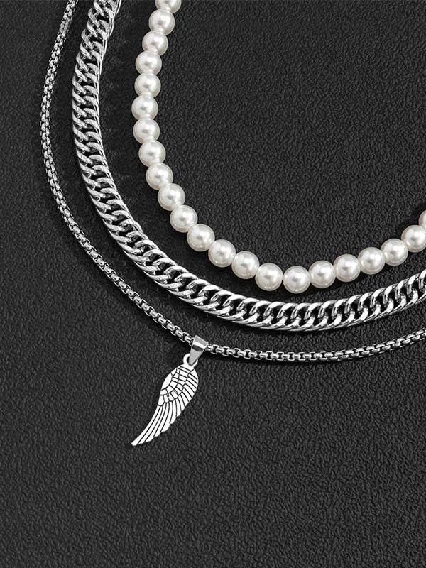 Men's Multi-Layered Pearl Feather Pendant Necklace