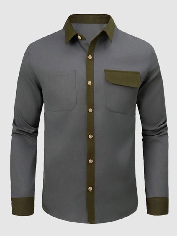 Men's Color Block Patchwork Casual Button-Down Long Sleeve Shirt