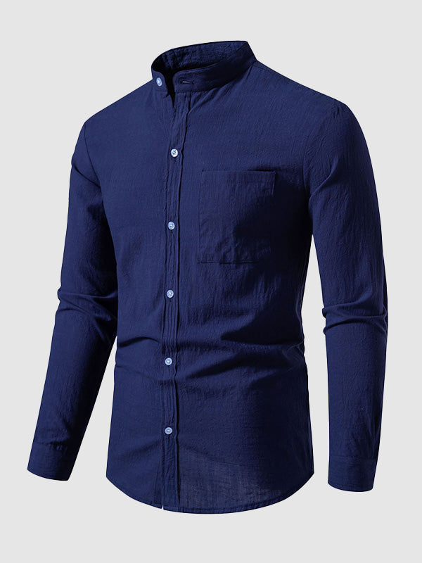 Men's cotton-linen stand collar casual long-sleeved shirt