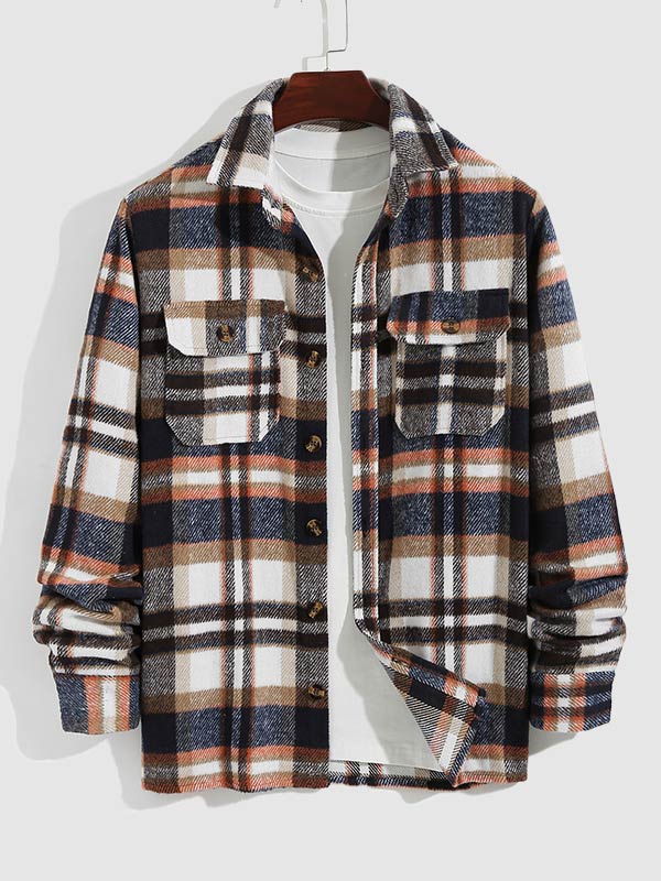 Men's Classic Plaid Wool Blend Button Down Long Sleeve Shirt Jacket