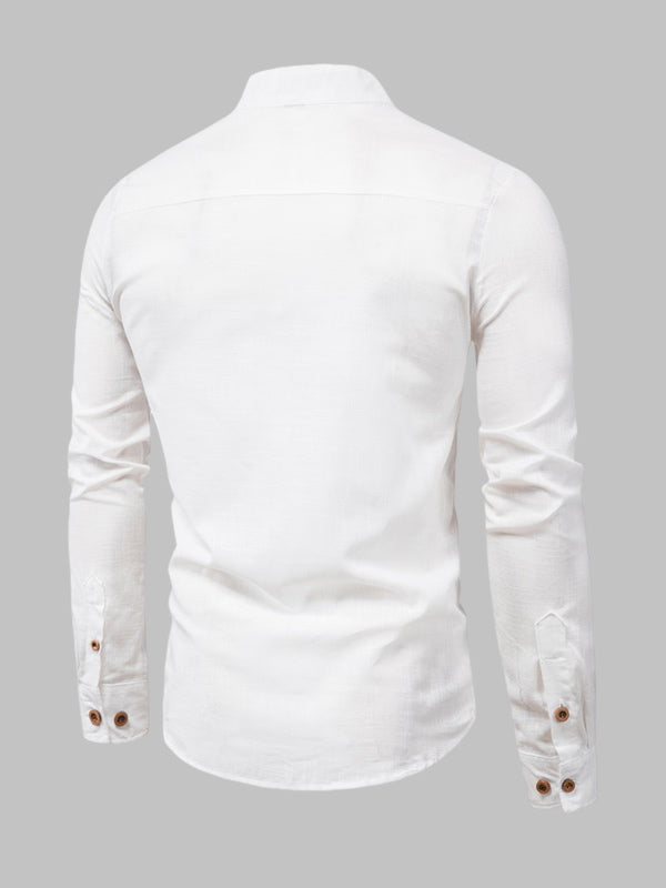 Men's Solid Color Cotton Linen Stand Collar Shirt