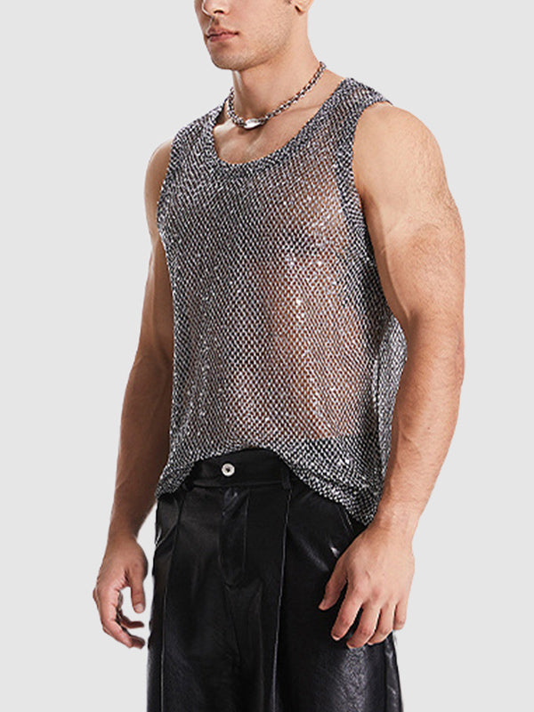 Men's hollow sexy sequined woven mesh sleeveless vest