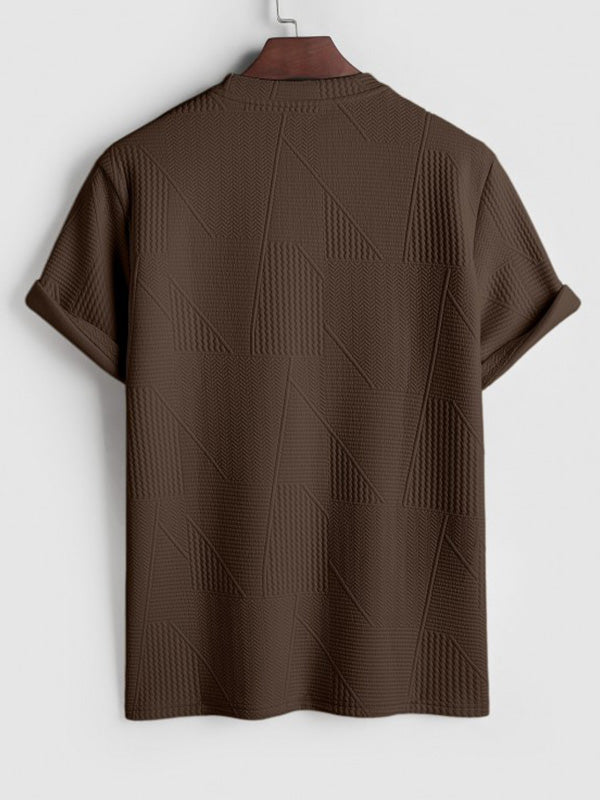 Geometric jacquard round neck short sleeved T-shirt-COFFEE