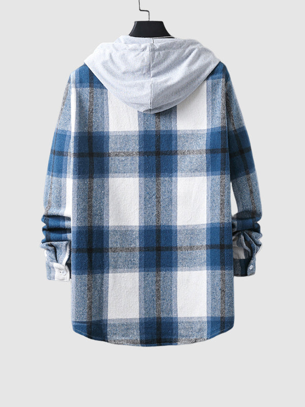 Men's Plaid Brushed Cardigan Drawstring Hooded Jacket