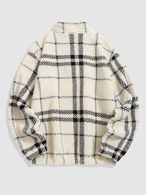 Men's Plaid Fleece Half-Zip Stand Collar Sweatshirt