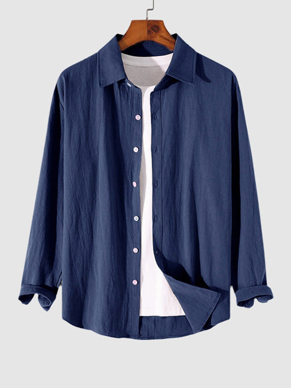 MEN'S COTTON AND LINEN TEXTURED LONG SLEEVES SHIRT BLUE