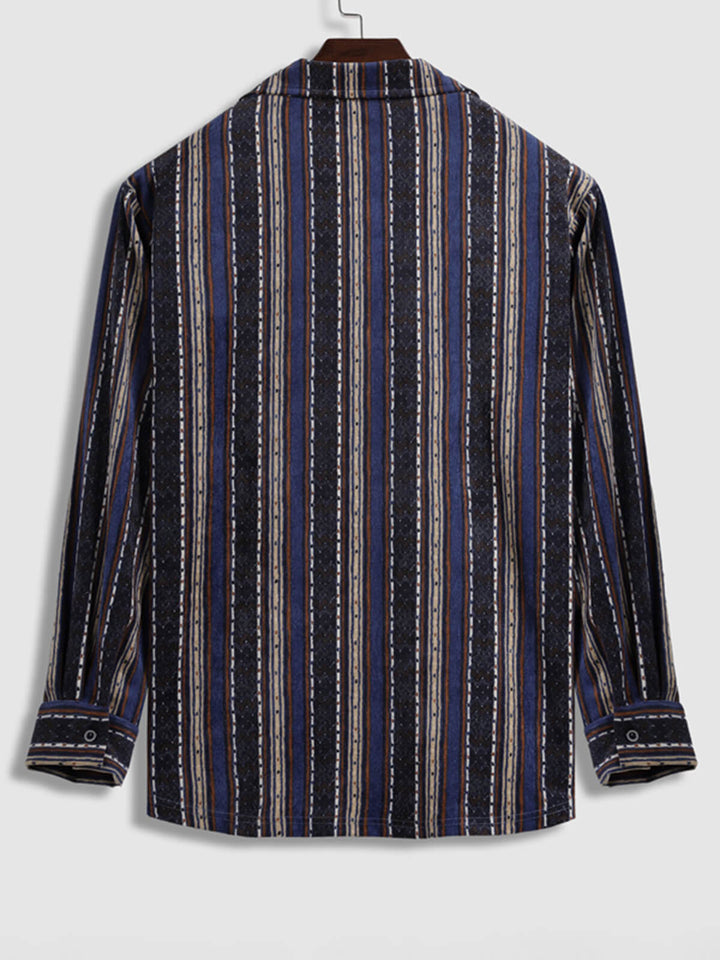 Men's Corduroy Vintage Striped Print Casual Long Sleeve Shirt