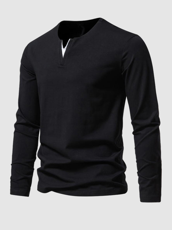 Men's Solid Color Henley V-Neck Long Sleeve Casual T-Shirt