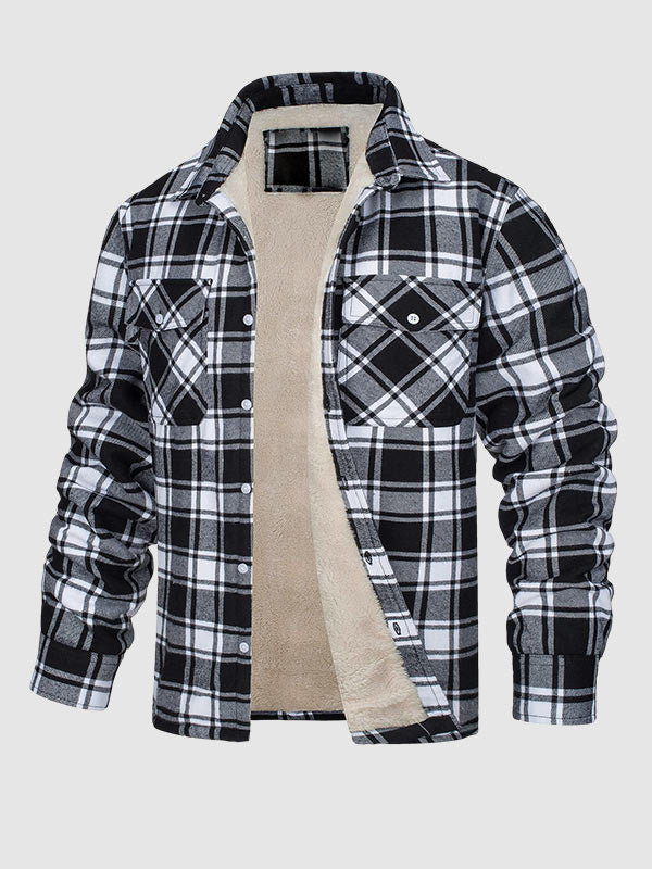 Men's Plaid Fleece-lined  Warm Double Pocket Button Jacket