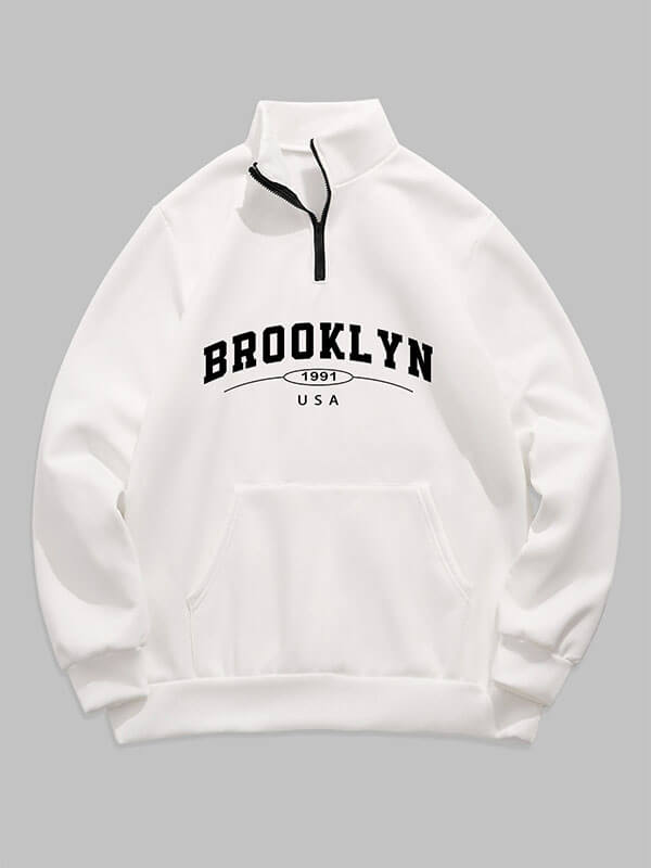 Men's "BROOKLYN" letter print quarter-zip stand collar sweatshirt