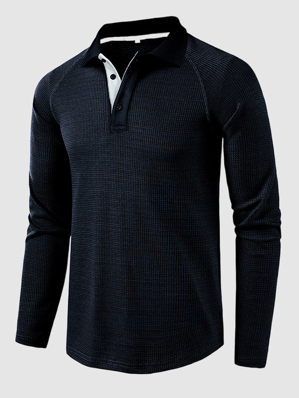 Men's lapel half-button waffle long-sleeved Polo