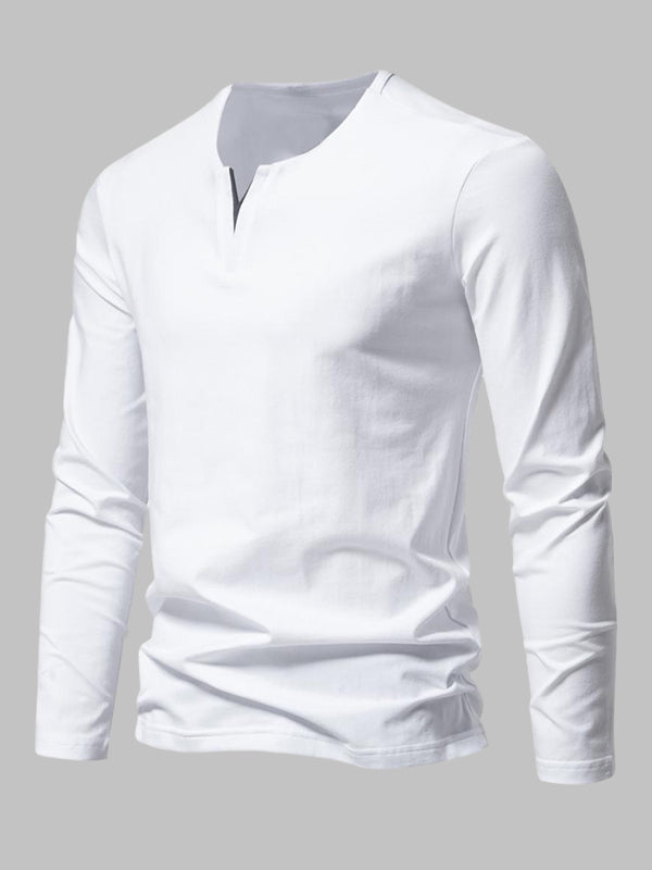 Men's Solid Color Henley V-Neck Long Sleeve Casual T-Shirt