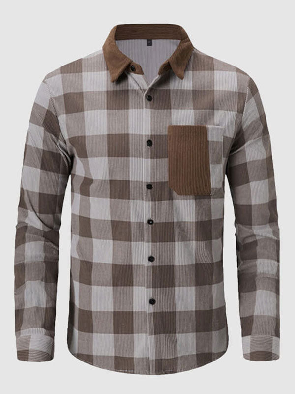 Men's vintage corduroy plaid casual long-sleeved shirt