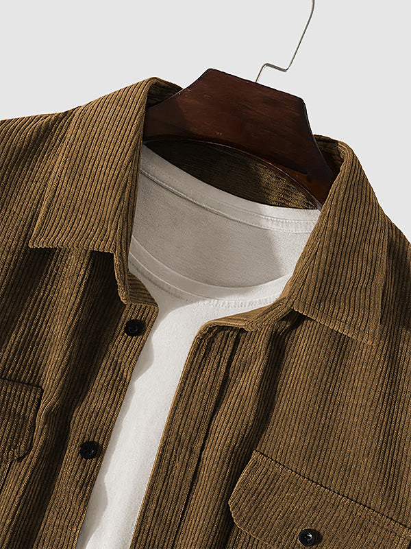 Men's Vintage Double Pocket Button-Down Corduroy Shirt