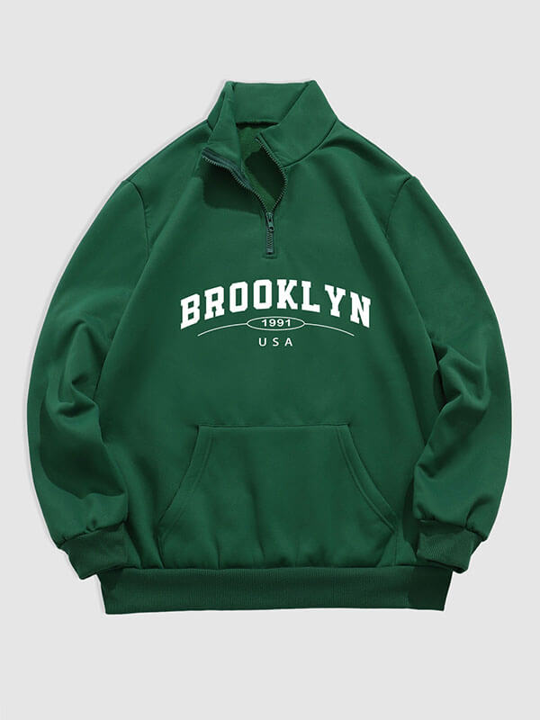 Men's "BROOKLYN" letter print quarter-zip stand collar sweatshirt