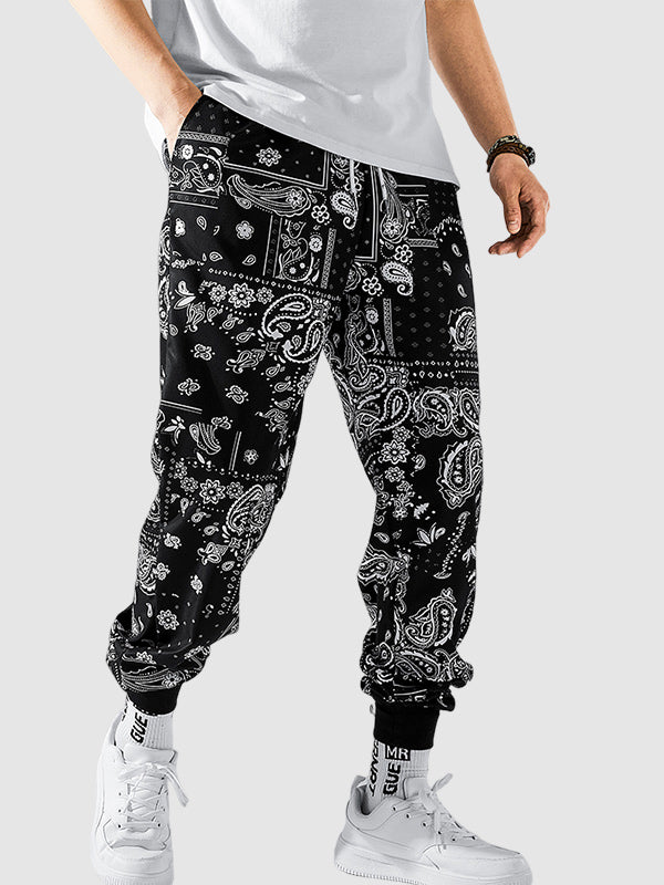 Men's Printed Pattern Elastic Waist Drawstring Casual Pants