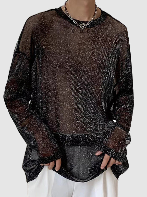 Men's mesh sheer shiny breathable mesh bottom long-sleeved T-shirt