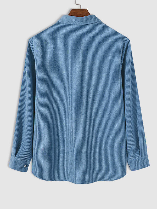 Men's Half Button Corduroy Long Sleeve Shirt-Light Blue