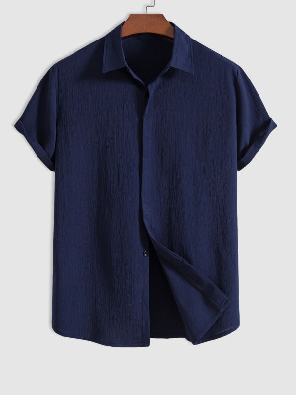 Men's Cotton Linen Lapel Short Sleeve Shirt  blue