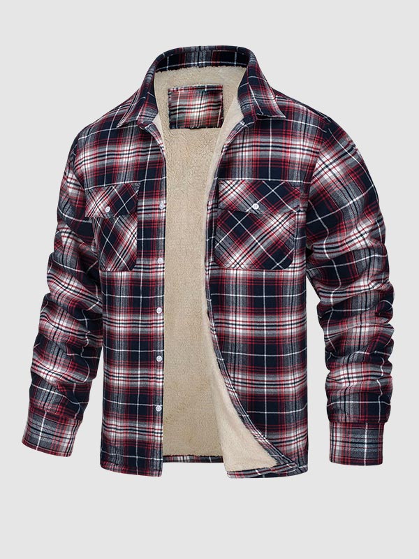 Men's Plaid Fleece-lined  Warm Double Pocket Button Jacket