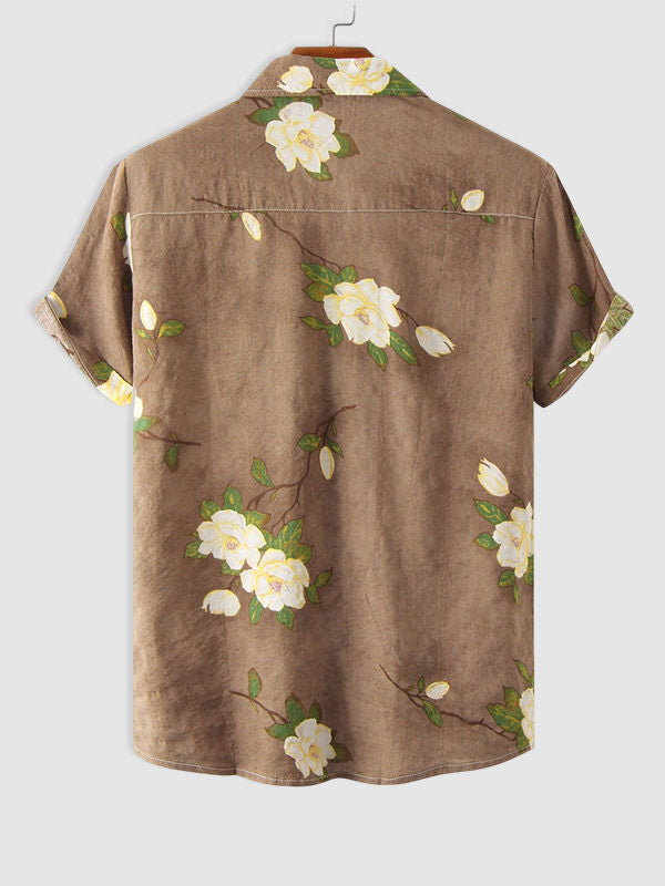 Men's Cotton Linen Printed Short Sleeve Shirt brown