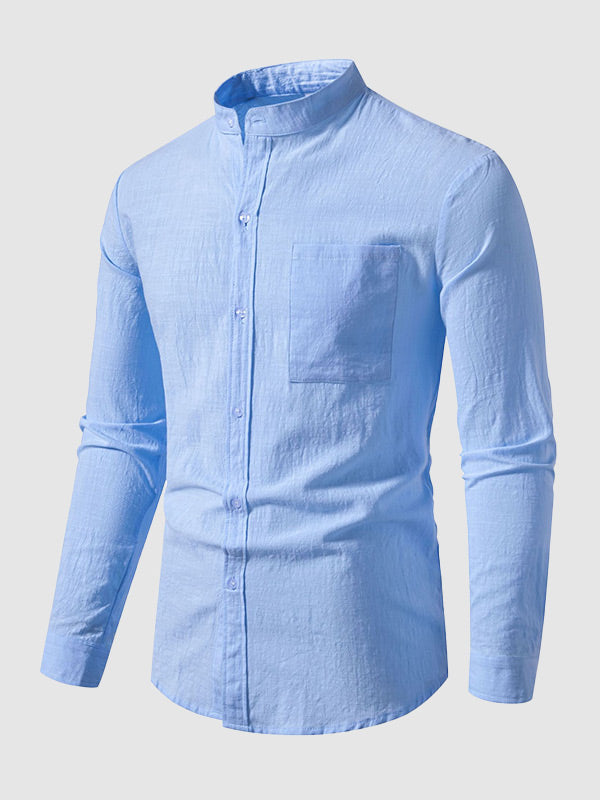 Men's cotton-linen stand collar casual long-sleeved shirt