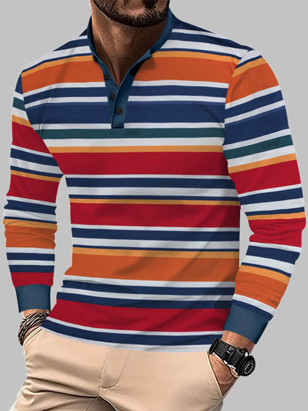 Men's colorful striped casual round neck loose henley long sleeve polo