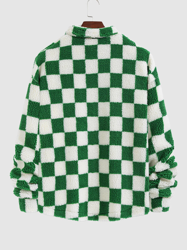 Men's  Colorblock  Checkerboard Plaid  Button  Fly  Fluffy Fleece Jacket