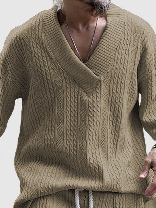 Men's textured twist knitted V-neck casual set