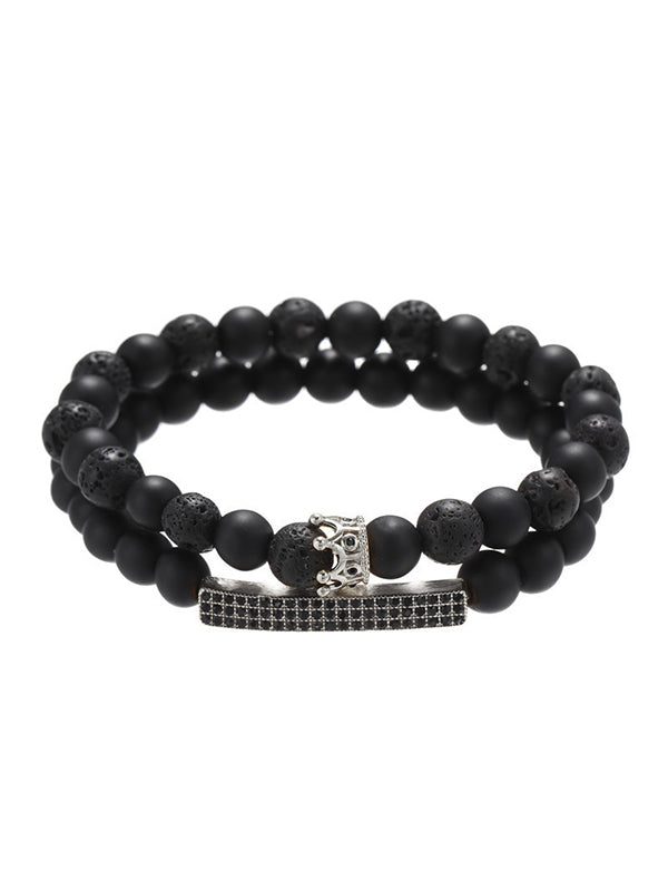 Small Crown Black Frosted Stone Long Bracelets 2Pcs/set