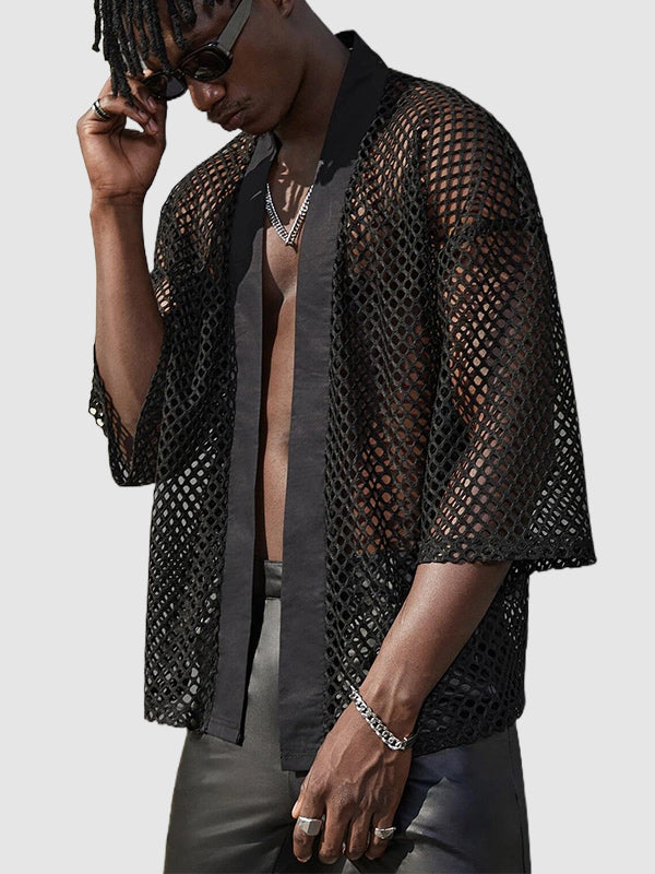 Men's hollow sexy mesh cardigan shawl shirt