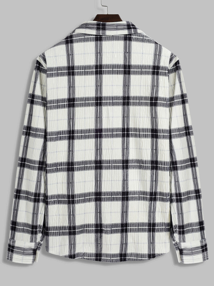 Men's Pleated Plush Plaid Long Sleeve Shirt