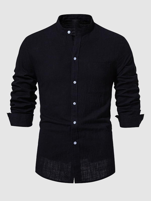 Men's cotton-linen stand collar casual long-sleeved shirt