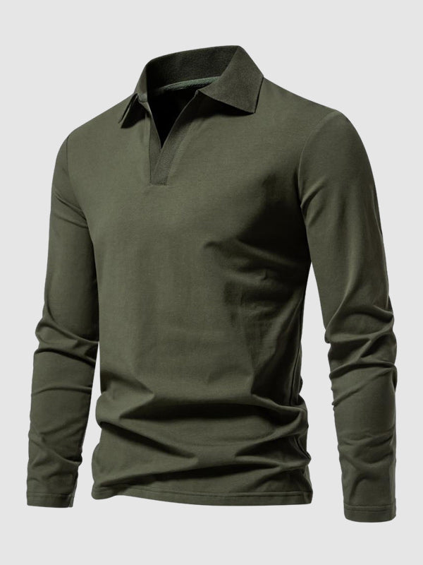 Men's Retro Solid Color V-Neck Lapel POLO Long Sleeve T-Shirt