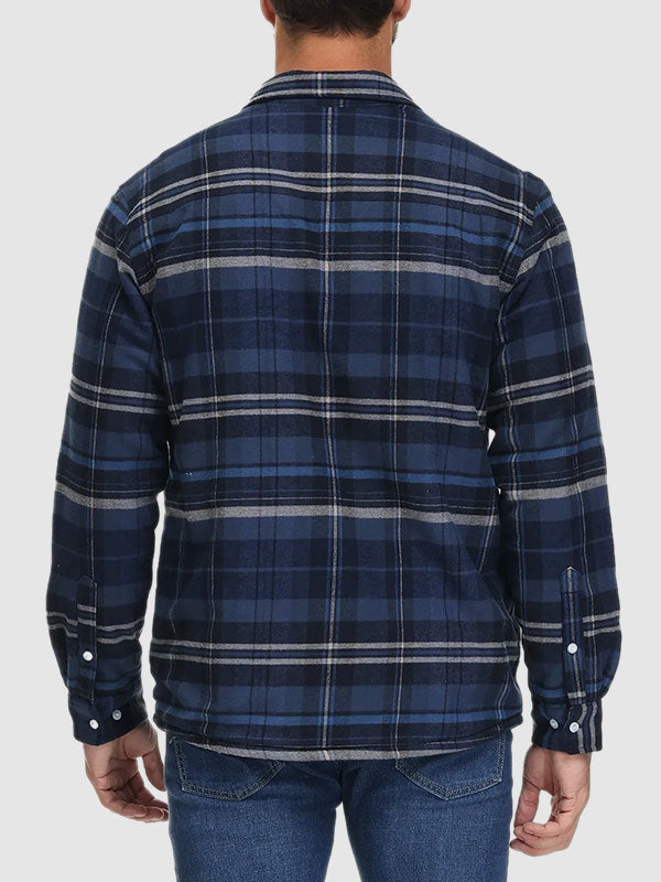 Men's Plaid Fleece-lined  Warm Double Pocket Button Jacket